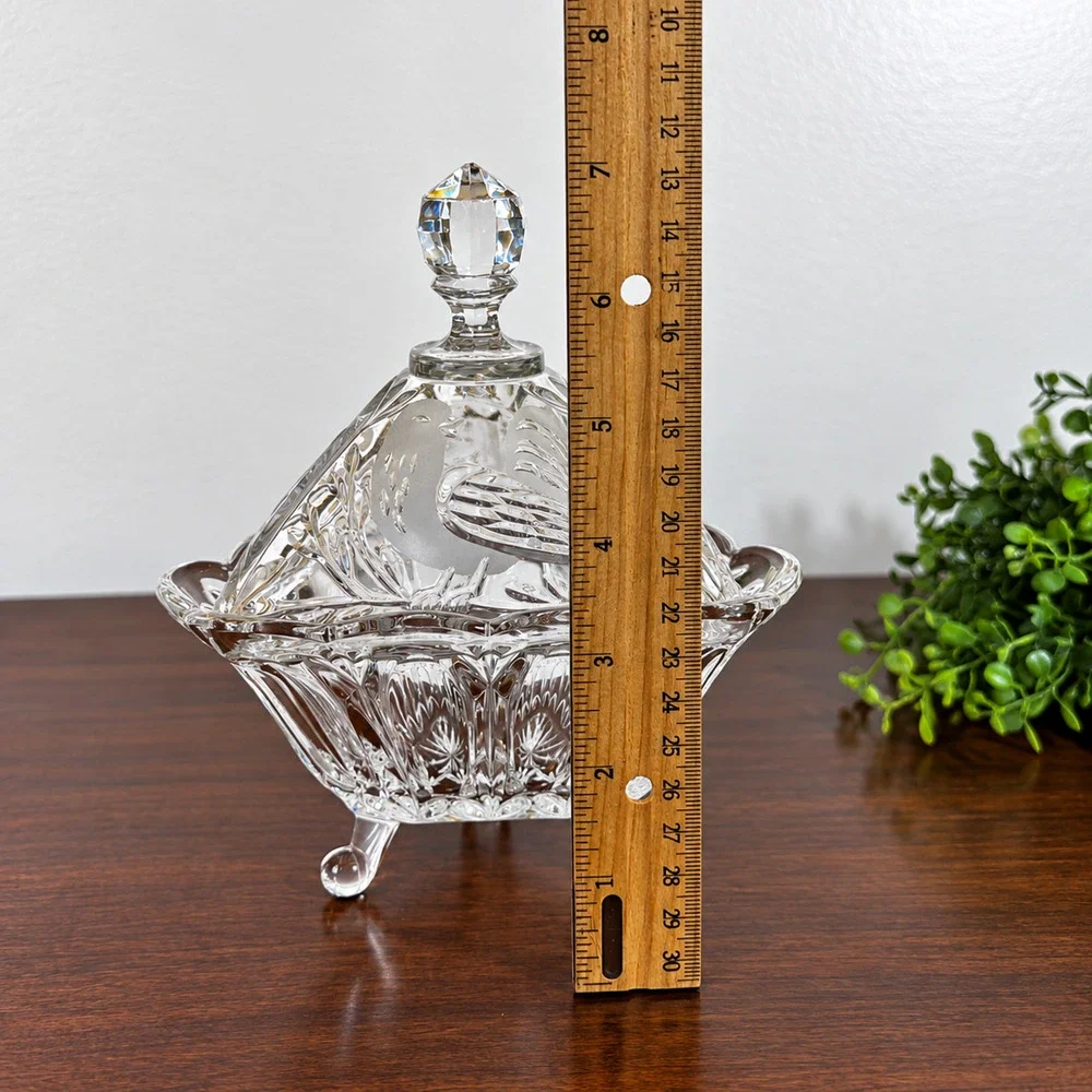 Vintage Cut Crystal Covered Candy Dish Etched Bird 3 Footed Faceted Finial